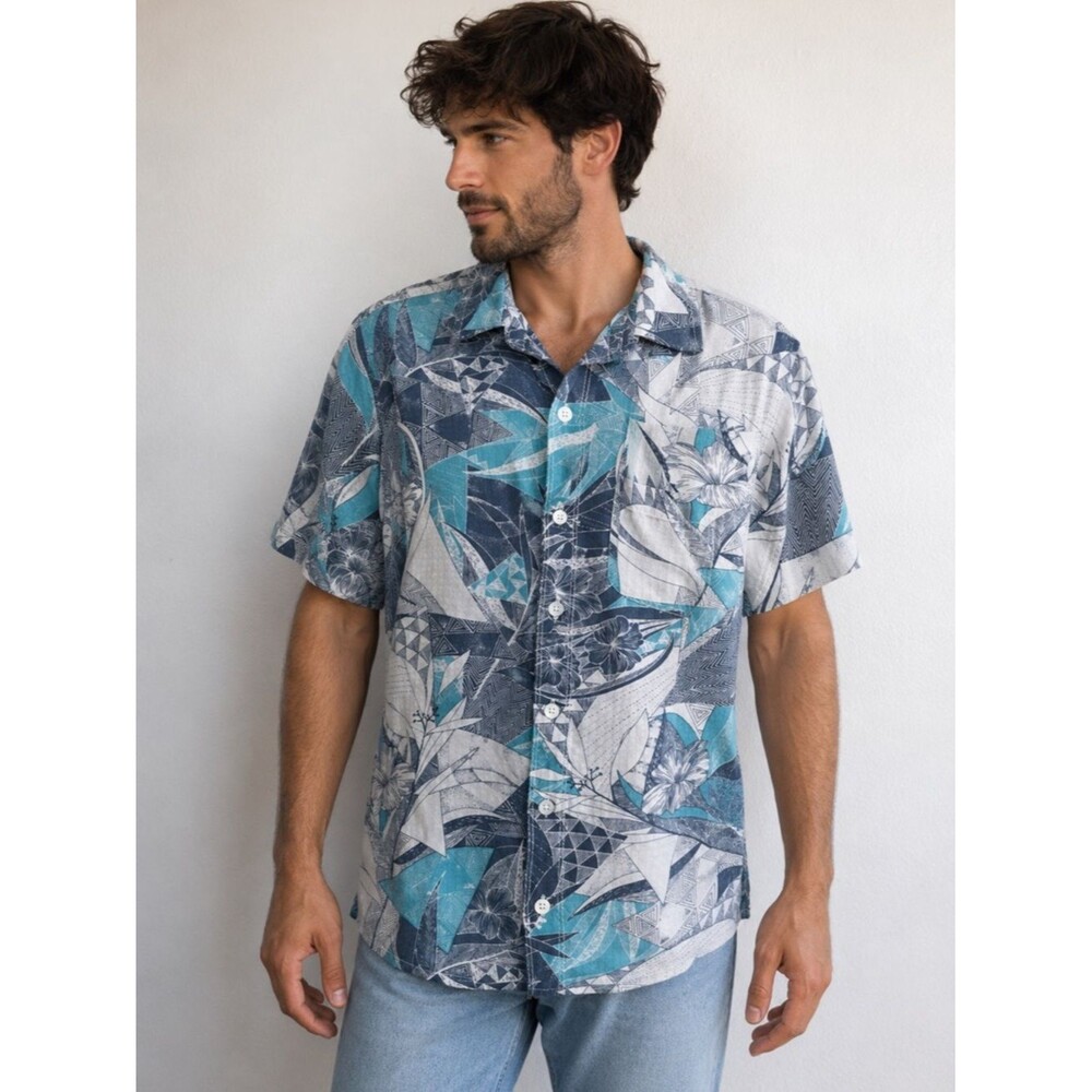 Tori Richard Honolulu XL Silk Lyocell Hawaiian Camp Shirt Blue Geometric Floral